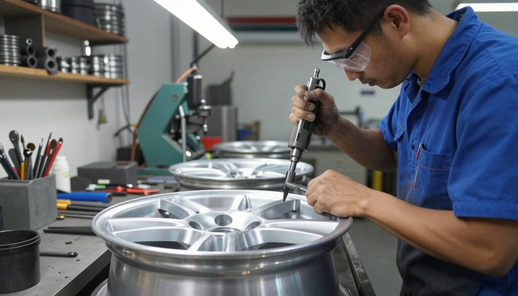 A professional workshop environment featuring a skilled technician working intently on aluminum wheels. In the foreground, the technician, dressed in a blue work shirt and safety goggles, uses a precision rolling machine to straighten a damaged aluminum rim. The focus is on the intricate details of the rim being repaired, showcasing its shiny metallic surface reflecting the workshop lights. In the middle ground, various tools and equipment are neatly arranged on a workbench, highlighting the specialized nature of the repair process. The background includes shelves with spare parts and an industrial feel, illuminated with bright overhead lighting that creates a clean, professional atmosphere. The overall mood is industrious and focused, capturing the essence of aluminum wheel straightening.