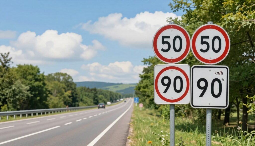 A road scene depicting varying speed limits in a clear and informative setting. In the foreground, a well-marked road sign displaying different speed limits, such as 50 km/h and 90 km/h, stands prominently. The middle ground features a serene two-lane highway bordered by trees and green grass, illustrating a typical driving scenario. In the background, soft hills fade into the distance under a bright blue sky dotted with fluffy white clouds, creating an inviting atmosphere. The scene is bathed in natural sunlight, casting soft shadows and enhancing colors. The camera angle is slightly lowered to emphasize the road and the speed signs, evoking a sense of clarity and focus on the rules of the road. A road scene depicting varying speed limits in a clear and informative setting. In the foreground, a well-marked road sign displaying different speed limits, such as 50 km/h and 90 km/h, stands prominently. The middle ground features a serene two-lane highway bordered by trees and green grass, illustrating a typical driving scenario. In the background, soft hills fade into the distance under a bright blue sky dotted with fluffy white clouds, creating an inviting atmosphere. The scene is bathed in natural sunlight, casting soft shadows and enhancing colors. The camera angle is slightly lowered to emphasize the road and the speed signs, evoking a sense of clarity and focus on the rules of the road.