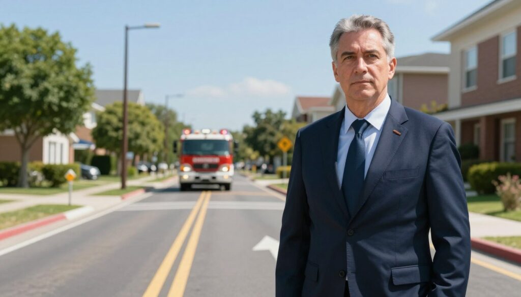 A seasoned fire route manager stands confidently at the forefront of the image, dressed in smart professional attire, symbolizing authority and responsibility. In the middle ground, a clearly marked fire route extends into the distance, its surface free of obstacles to ensure accessibility for emergency vehicles. Surrounding this route, a well-maintained urban environment includes trees and buildings, reinforcing the importance of fire safety in residential areas. The background features a bright blue sky, promoting a sense of clarity and vigilance. Soft lighting illuminates the scene, highlighting the manager's determined expression, which conveys seriousness about maintaining safety standards. The atmosphere is focused and professional, reflecting the critical importance of fire access routes in urban planning. A seasoned fire route manager stands confidently at the forefront of the image, dressed in smart professional attire, symbolizing authority and responsibility. In the middle ground, a clearly marked fire route extends into the distance, its surface free of obstacles to ensure accessibility for emergency vehicles. Surrounding this route, a well-maintained urban environment includes trees and buildings, reinforcing the importance of fire safety in residential areas. The background features a bright blue sky, promoting a sense of clarity and vigilance. Soft lighting illuminates the scene, highlighting the manager's determined expression, which conveys seriousness about maintaining safety standards. The atmosphere is focused and professional, reflecting the critical importance of fire access routes in urban planning.