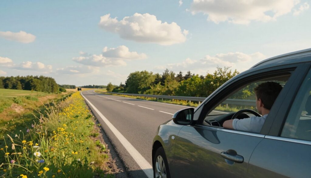 A serene highway scene during daylight, capturing a peaceful moment in a long-distance journey. In the foreground, a well-maintained car with an unobtrusive design is parked on the roadside, with a peaceful driver in modest casual clothing gazing at a scenic view. The middle layer showcases a smooth, winding road stretching into the horizon, lined by lush greenery and vibrant wildflowers, indicating a safe and pleasant driving experience. In the background, a clear blue sky with soft, fluffy clouds complements the tranquil atmosphere, suggesting optimal driving conditions. The sunlight bathes the scene in warm, golden tones, evoking a sense of calm and reflection. The overall mood is one of serenity and anticipation, perfect for illustrating the best hours for traveling on Poland's roads.