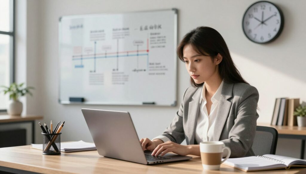 A serene study environment filled with natural light, featuring a young professional woman dressed in smart casual attire, focused on her laptop. She is surrounded by organized stationery, a cup of coffee, and a wall clock showing time management. In the background, a whiteboard with structured notes showcases timeline diagrams and optimization strategies. Soft afternoon light filters through a nearby window, casting gentle shadows. The atmosphere is one of calm concentration, with a hint of urgency. The framing emphasizes the subject in the foreground, while the background details enhance the theme of time optimization without distraction, ensuring clarity and focus for the viewer. A serene study environment filled with natural light, featuring a young professional woman dressed in smart casual attire, focused on her laptop. She is surrounded by organized stationery, a cup of coffee, and a wall clock showing time management. In the background, a whiteboard with structured notes showcases timeline diagrams and optimization strategies. Soft afternoon light filters through a nearby window, casting gentle shadows. The atmosphere is one of calm concentration, with a hint of urgency. The framing emphasizes the subject in the foreground, while the background details enhance the theme of time optimization without distraction, ensuring clarity and focus for the viewer.