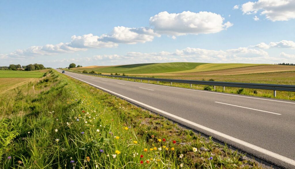 A serene, tranquil highway during the off-peak season, showcasing the stark emptiness of the roads in Poland. In the foreground, vibrant green grass and colorful wildflowers line the edges, hinting at pleasant weather. The middle ground features a smooth, winding asphalt road, devoid of traffic, with a single car in the distance, representing the rare vehicle on this peaceful stretch. In the background, rolling hills under a clear blue sky adorned with fluffy white clouds emphasize the calmness of the scene. Soft sunlight illuminates the landscape, creating a warm and inviting atmosphere. The angle should be a slightly elevated perspective, capturing the expansive nature of the highway and surrounding scenery, evoking a sense of freedom and tranquility.