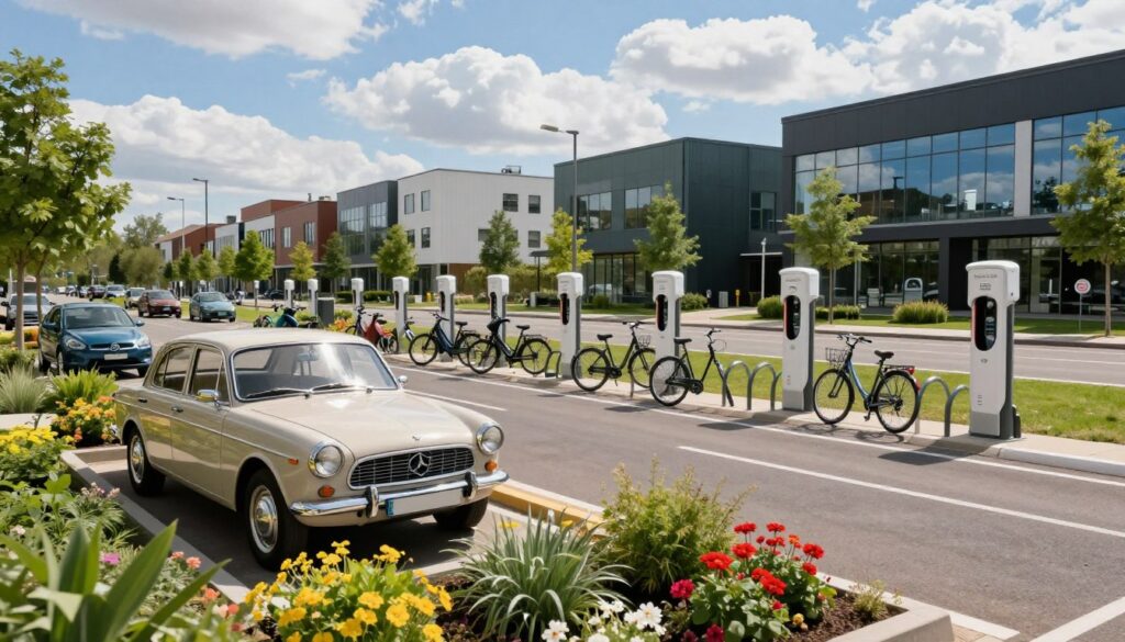 A serene urban setting showcasing a "clean transport zone" with vintage vehicles parked harmoniously among electric charging stations and bicycle racks. In the foreground, a classic car, impeccably restored, gleams under soft sunlight, surrounded by lush greenery and vibrant flowers. The middle ground features a clear lane marked for electric vehicles, with sleek e-bikes and charging points. In the background, modern eco-friendly buildings reflect the commitment to clean transport. The atmosphere is peaceful and inviting, with a bright blue sky dotted with fluffy white clouds. Use a wide-angle lens to capture the spaciousness and clarity of the area, emphasizing the contrast between the charm of vintage vehicles and the modern clean transport infrastructure.