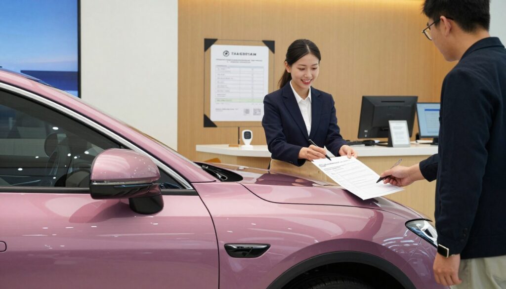A sleek, modern car parked in a well-organized registration office, with paperwork and a registration sign visible in the background. The car should be shiny and new, showcasing its smooth curves and vibrant color, reflecting bright overhead lights. The center of the image features the car, while the background includes a friendly receptionist behind a desk, dressed in professional attire, assisting a customer filling out registration forms. Soft ambient lighting creates a warm atmosphere, suggesting a sense of anticipation and excitement. The angle is slightly tilted to give a dynamic view, highlighting both the car and the registration process, inviting the viewer to envision their future vehicle ownership.