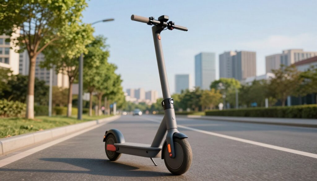A sleek, modern electric scooter positioned prominently in the foreground, showcasing its streamlined design and vibrant colors. The scooter features a minimalist frame, ergonomic handlebars, and bright LED lights, reflecting the innovation of urban mobility. In the middle ground, a dynamic urban setting: a smooth bike lane lined with green trees and soft pavement, suggesting a friendly environment for eco-conscious commuters. In the background, a contemporary cityscape with soft-focus skyscrapers under a clear blue sky, bathed in warm afternoon sunlight. The mood is optimistic and energetic, highlighting the convenience and freedom of electric scooters in urban landscapes. Use a wide-angle lens perspective for depth and a slightly elevated angle to capture the action around the scooter, conveying a sense of movement and accessibility. A sleek, modern electric scooter positioned prominently in the foreground, showcasing its streamlined design and vibrant colors. The scooter features a minimalist frame, ergonomic handlebars, and bright LED lights, reflecting the innovation of urban mobility. In the middle ground, a dynamic urban setting: a smooth bike lane lined with green trees and soft pavement, suggesting a friendly environment for eco-conscious commuters. In the background, a contemporary cityscape with soft-focus skyscrapers under a clear blue sky, bathed in warm afternoon sunlight. The mood is optimistic and energetic, highlighting the convenience and freedom of electric scooters in urban landscapes. Use a wide-angle lens perspective for depth and a slightly elevated angle to capture the action around the scooter, conveying a sense of movement and accessibility.