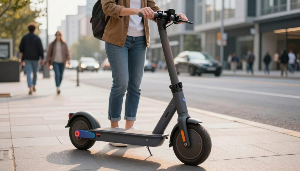 A sleek, modern electric scooter stands prominently in the foreground, showcasing its stylish design with vibrant colors and futuristic features. The scooter is parked on a well-maintained urban sidewalk, hinting at its suitability for city use. In the middle ground, an individual in casual attire examines the scooter, emphasizing practicality and compliance with regulations. The background features a bustling cityscape with people walking and modern buildings, bathed in soft afternoon sunlight that casts gentle shadows. The scene evokes a sense of convenience and freedom associated with electric scooters, highlighting their appeal for riders without a driving license. The overall mood is energetic and inviting, encouraging a lifestyle of eco-friendly commuting options. A sleek, modern electric scooter stands prominently in the foreground, showcasing its stylish design with vibrant colors and futuristic features. The scooter is parked on a well-maintained urban sidewalk, hinting at its suitability for city use. In the middle ground, an individual in casual attire examines the scooter, emphasizing practicality and compliance with regulations. The background features a bustling cityscape with people walking and modern buildings, bathed in soft afternoon sunlight that casts gentle shadows. The scene evokes a sense of convenience and freedom associated with electric scooters, highlighting their appeal for riders without a driving license. The overall mood is energetic and inviting, encouraging a lifestyle of eco-friendly commuting options.