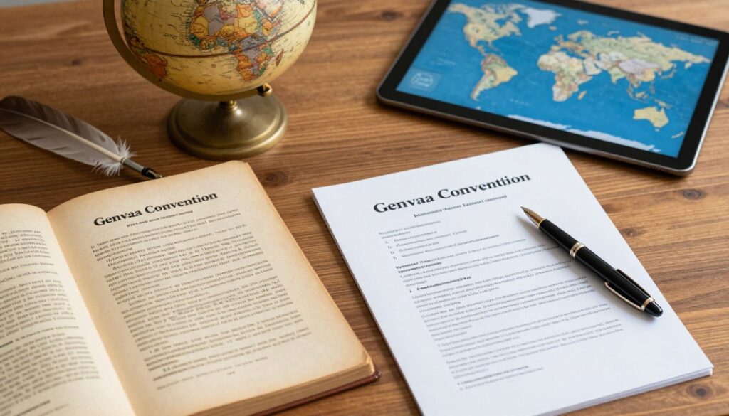 A split scene depicting two official international conventions, the Geneva Convention and the Vienna Convention, on a solid wooden table. On the left, a vintage-style Geneva Convention document is partially unfolded, with a quill pen resting beside it and an ornate globe in the background, symbolizing global unity. On the right, a modern Vienna Convention document lies neatly with a sleek fountain pen, accompanied by a high-tech map on a digital tablet showing international borders. Soft, diffused lighting creates a warm ambiance, highlighting the texture of the papers and the wooden table. The camera angle offers a slight bird’s eye view for context. The overall atmosphere is one of professionalism and international diplomacy, conveying the essence of international driving laws and their implications. A split scene depicting two official international conventions, the Geneva Convention and the Vienna Convention, on a solid wooden table. On the left, a vintage-style Geneva Convention document is partially unfolded, with a quill pen resting beside it and an ornate globe in the background, symbolizing global unity. On the right, a modern Vienna Convention document lies neatly with a sleek fountain pen, accompanied by a high-tech map on a digital tablet showing international borders. Soft, diffused lighting creates a warm ambiance, highlighting the texture of the papers and the wooden table. The camera angle offers a slight bird’s eye view for context. The overall atmosphere is one of professionalism and international diplomacy, conveying the essence of international driving laws and their implications.