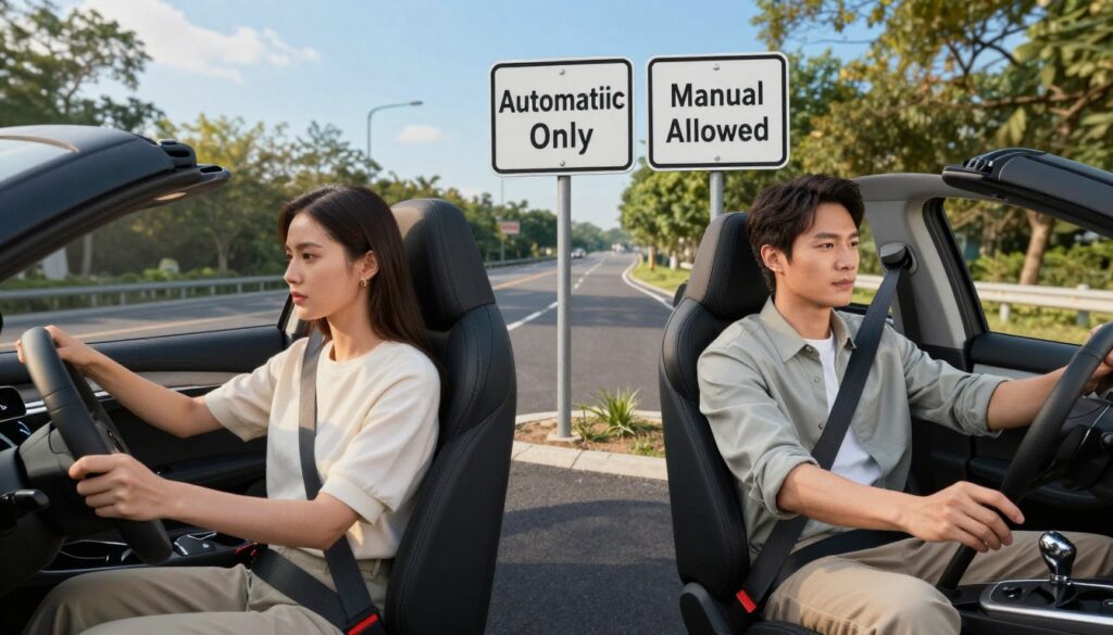 A split scene illustrating the dilemma of automatic vs. manual driving licenses. In the foreground, a confident male and female driver in smart casual attire, sitting in two vehicles side by side. On the left, an automatic car with an advanced dashboard, and on the right, a manual transmission car showcasing the gear shift. The middle ground features a road sign indicating “Automatic Only,” juxtaposed against “Manual Allowed.” In the background, a serene, winding road with trees and a clear blue sky, bathed in soft sunlight for a peaceful atmosphere. The angle is a slightly elevated view, capturing both vehicles and the road signs harmoniously. This composition highlights the choices and implications of driving licenses effectively. A split scene illustrating the dilemma of automatic vs. manual driving licenses. In the foreground, a confident male and female driver in smart casual attire, sitting in two vehicles side by side. On the left, an automatic car with an advanced dashboard, and on the right, a manual transmission car showcasing the gear shift. The middle ground features a road sign indicating “Automatic Only,” juxtaposed against “Manual Allowed.” In the background, a serene, winding road with trees and a clear blue sky, bathed in soft sunlight for a peaceful atmosphere. The angle is a slightly elevated view, capturing both vehicles and the road signs harmoniously. This composition highlights the choices and implications of driving licenses effectively.