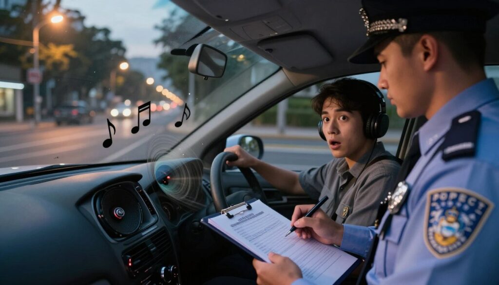 A split-scene image depicting the impact of loud music in a car. In the foreground, a police officer, dressed in a professional uniform, is writing a ticket on a clipboard while looking sternly at a compact car with open windows, where a young driver is visibly surprised. The middle section features the car, its speakers visibly vibrating, with musical notes illustrated around to symbolize loud music. In the background, a city street at dusk, with warm streetlights casting a soft glow, enhances the tense atmosphere. Use soft, dramatic lighting to convey the seriousness of the situation, shooting from a low angle for an impactful perspective, and capturing the details of the car’s interior. The overall mood should reflect a blend of tension and awareness about the consequences of noise violations. A split-scene image depicting the impact of loud music in a car. In the foreground, a police officer, dressed in a professional uniform, is writing a ticket on a clipboard while looking sternly at a compact car with open windows, where a young driver is visibly surprised. The middle section features the car, its speakers visibly vibrating, with musical notes illustrated around to symbolize loud music. In the background, a city street at dusk, with warm streetlights casting a soft glow, enhances the tense atmosphere. Use soft, dramatic lighting to convey the seriousness of the situation, shooting from a low angle for an impactful perspective, and capturing the details of the car’s interior. The overall mood should reflect a blend of tension and awareness about the consequences of noise violations.