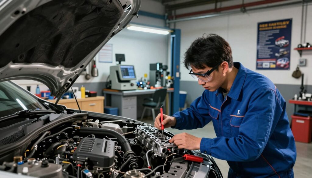 A split scene showcasing a car engine test, divided between a cozy home garage and a professional workshop. In the foreground, a mechanic in a blue work shirt and goggles inspects a head gasket using diagnostic tools in the home garage, which is well-organized with shelves of car parts and tools. In the middle, the workshop is more industrial, with advanced equipment and bright fluorescent lighting highlighting the sleekness of the space. The background features posters on proper maintenance techniques and a car lift. Dramatic lighting casts shadows to create a sense of depth, conveying the tension between DIY testing and professional evaluations. The atmosphere is focused and meticulously detailed, inviting the viewer to consider the effectiveness and reliability of each environment for testing.
