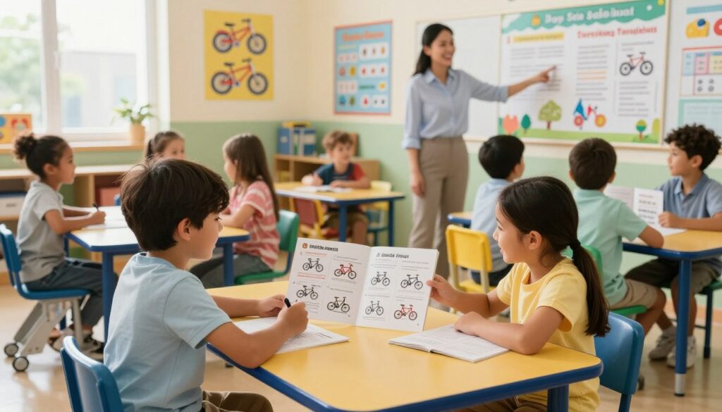 A step-by-step guide scene in a primary school setting, showcasing a diverse group of children happily engaged in learning about bicycle licensing. In the foreground, two children sit at a brightly colored table, studying a bicycle safety booklet with illustrated steps. They are dressed in modest casual clothing, appearing focused and excited. In the middle ground, a friendly teacher, also in professional attire, points to a colorful educational poster on the wall that outlines bicycle licensing steps. The background features cheerful classroom decor with posters of bicycles and safety rules, sunlight streaming through the windows, creating a warm and inviting atmosphere. The image should convey a sense of enthusiasm for learning and collaboration, captured from a slightly elevated angle for a comprehensive view. A step-by-step guide scene in a primary school setting, showcasing a diverse group of children happily engaged in learning about bicycle licensing. In the foreground, two children sit at a brightly colored table, studying a bicycle safety booklet with illustrated steps. They are dressed in modest casual clothing, appearing focused and excited. In the middle ground, a friendly teacher, also in professional attire, points to a colorful educational poster on the wall that outlines bicycle licensing steps. The background features cheerful classroom decor with posters of bicycles and safety rules, sunlight streaming through the windows, creating a warm and inviting atmosphere. The image should convey a sense of enthusiasm for learning and collaboration, captured from a slightly elevated angle for a comprehensive view.