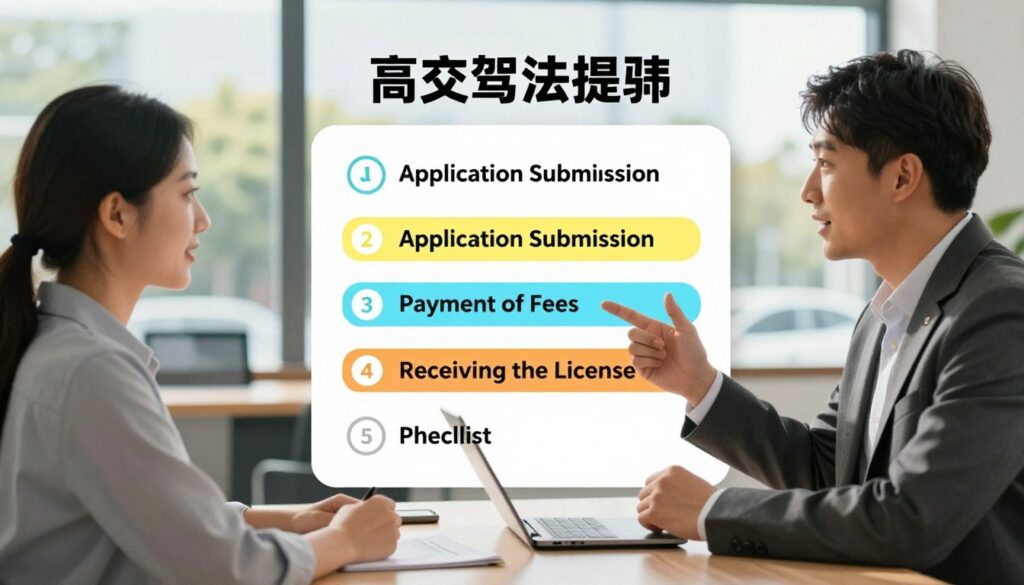 A step-by-step infographic illustrating the procedure after passing a driving test. The foreground features a professional-looking driving instructor explaining the next steps to a candidate in a modern office setting, both dressed in modest business attire. The middle layer shows a detailed checklist with items like 'Application Submission', 'Payment of Fees', and 'Receiving the License', highlighted in bright colors. The background contains a large window with a sunny day outside, symbolizing optimism and new beginnings. Soft, natural lighting fills the scene, creating a welcoming atmosphere. The camera angle captures the individuals engaged in conversation, with a focus on their expressions of excitement and anticipation.