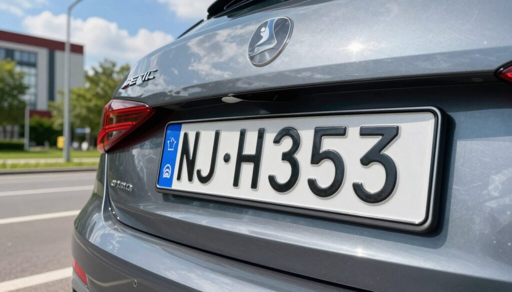 A temporary research registration plate prominently displayed in the foreground, featuring distinctive Polish symbols and bold numbering, showcasing its unique design intended for test drives. The plate is attached to a sleek, modern car parked on an urban street that reflects a blend of contemporary architecture and green landscapes in the middle ground. The background features a clear blue sky with soft clouds, enhancing the sense of a bright, sunny day. The scene is captured with a slightly angled perspective, emphasizing the plate and vehicle. The lighting is bright and natural, casting soft shadows, creating a professional and informative atmosphere ideal for illustrating temporary registration plates in Poland.