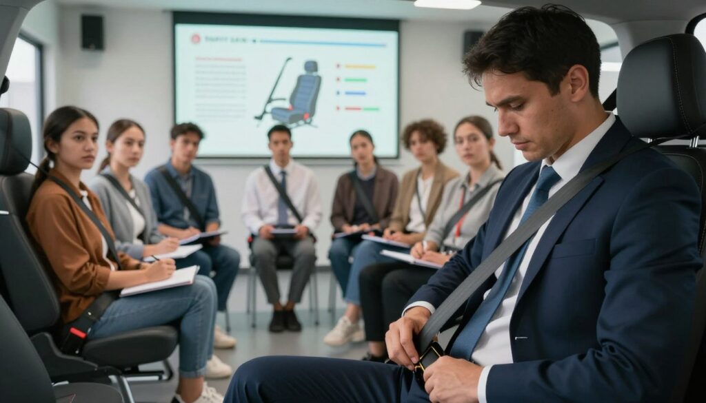 A training scene focused on safety belt compliance in a vehicle, set inside a modern and well-lit training room. In the foreground, a professional instructor in business attire demonstrates the proper way to fasten a seatbelt, showing a detailed close-up of the safety belt mechanism. In the middle ground, attentive trainees of diverse backgrounds, wearing casual but professional clothing, are seated in a semi-circle, observing and taking notes. The background features a large screen with diagrams of traffic safety regulations and seatbelt statistics, illuminated by soft, diffused lighting. Capture the mood of seriousness and focus, with a clear perspective shot that emphasizes the importance of safety training. The overall atmosphere is educational and professional, designed to reinforce the significance of seatbelt use.