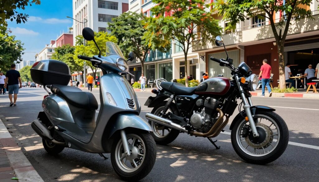 A vibrant street scene showcasing a 125cc scooter and a 125cc motorcycle parked side by side on a bustling urban road. In the foreground, highlight the sleek design of the scooter with its glossy finish, large storage compartment, and comfortable seating, while the motorcycle stands out with its muscular frame, chrome accents, and sporty stance. The middle ground features a stylish cityscape with modern buildings, trees lining the street, and pedestrians in modest casual clothing, focused on their activities. The background captures a clear blue sky and soft sunlight filtering through the trees, casting dappled shadows on the pavement. The overall atmosphere is lively and energetic, reflecting the dynamics of urban commuting. Use wide-angle perspective to enhance depth and vibrancy in the scene, emphasizing the comparison between the two vehicles.