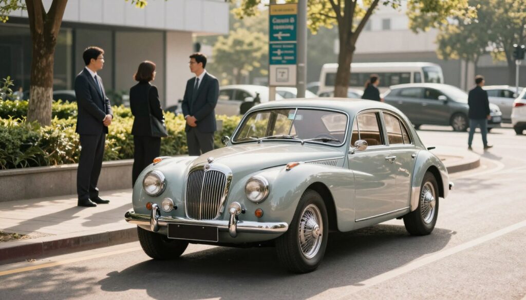 A vintage automobile, showcasing its classic design, prominently displayed in the foreground. The car is parked in an urban setting, with a clean, modern backdrop featuring green spaces and pollution-free zones visible in the distance. Soft, warm sunlight filters through the trees, casting gentle shadows on the pavement. In the middle ground, a few pedestrians in professional business attire observe the car with interest, reflecting the appreciation for automotive heritage. The background includes signage representing clean transport areas, highlighting environmental consciousness. Use a shallow depth of field to keep the focus on the car while softly blurring the background. The overall mood is one of nostalgia and pride in heritage vehicles, emphasizing their place in contemporary society.