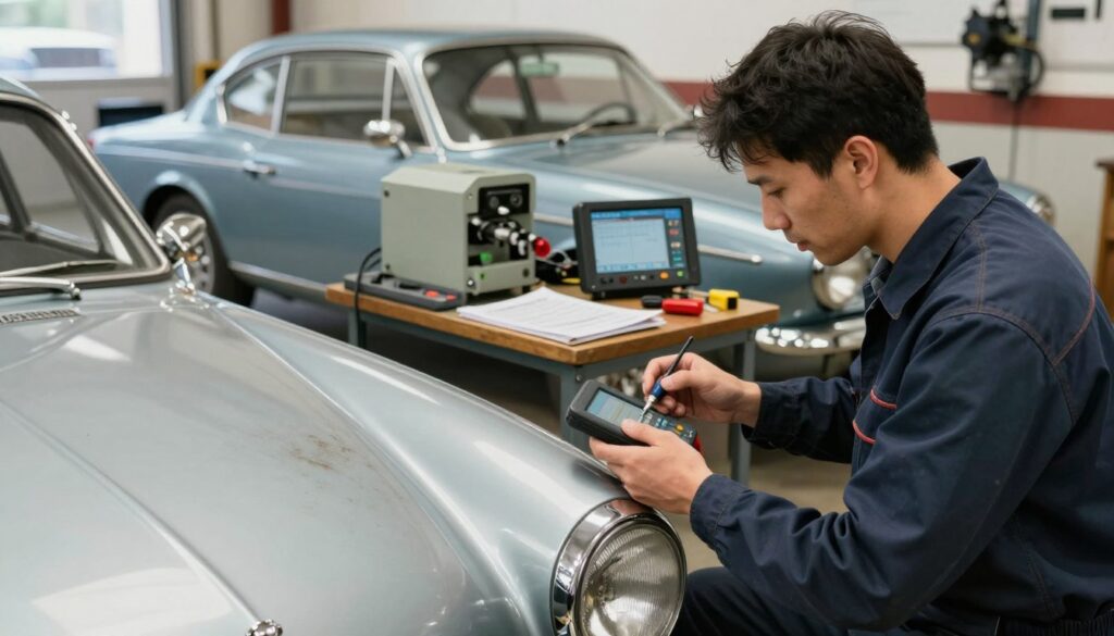 A vintage automobile, showing signs of wear yet exuding charm, is placed in a well-lit automotive workshop. The foreground highlights a mechanic, dressed in professional work attire, examining the vehicle with diagnostic tools in hand. In the middle ground, a detailed inspection setup featuring tools, manuals, and machinery is visible, indicating a thorough technical examination process. In the background, other classic vehicles can be subtly seen, with soft lighting illuminating their polished surfaces, enhancing the nostalgic atmosphere. The mood is focused yet professional, reflecting the responsibilities of maintaining a classic car. The image captures the essence of technical inspections for vintage vehicles, emphasizing both care and expertise in service.