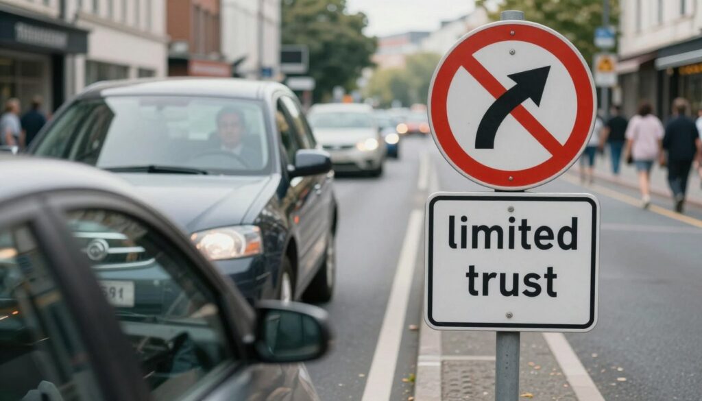 A visually striking scene illustrating the principle of "limited trust" in road contexts. In the foreground, a diverging road sign with a blurred car approaching, hinting at cautious driving behavior. In the middle ground, a professional driver in business attire, looking carefully in both directions, emphasizes a prudent attitude. The background features a busy urban street, with buildings and pedestrians creating a dynamic atmosphere. Soft, diffused natural lighting casts gentle shadows, evoking a sense of realism and safety. The angle captures a slightly elevated view, enhancing the focus on the cautious interactions between vehicles and pedestrians, symbolizing the need for trust and vigilance while on the road. A visually striking scene illustrating the principle of "limited trust" in road contexts. In the foreground, a diverging road sign with a blurred car approaching, hinting at cautious driving behavior. In the middle ground, a professional driver in business attire, looking carefully in both directions, emphasizes a prudent attitude. The background features a busy urban street, with buildings and pedestrians creating a dynamic atmosphere. Soft, diffused natural lighting casts gentle shadows, evoking a sense of realism and safety. The angle captures a slightly elevated view, enhancing the focus on the cautious interactions between vehicles and pedestrians, symbolizing the need for trust and vigilance while on the road.