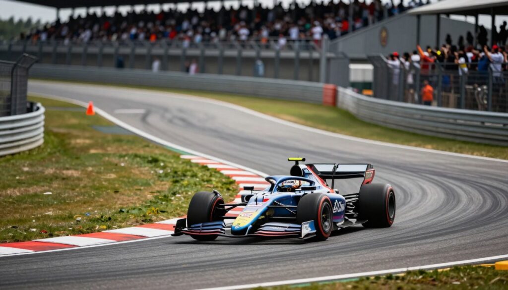 A well-crafted racing scenario depicting the optimal apex of a curve on a racetrack. In the foreground, show a sleek, modern racing car, finely detailed with vibrant colors, dynamically positioned as it navigates the turn. The middle ground should feature a clearly defined curve, marked by smooth asphalt with tire marks illustrating the path taken. Include a variety of elements such as cones or markers that highlight key points for planning the turn. In the background, showcase a blurred view of grandstands filled with enthusiastic spectators, emphasizing the thrilling atmosphere. Use dramatic lighting to enhance the scene, capturing the essence of speed and precision, with a slightly low-angle perspective to convey dominance and skill in executing the turn. A well-crafted racing scenario depicting the optimal apex of a curve on a racetrack. In the foreground, show a sleek, modern racing car, finely detailed with vibrant colors, dynamically positioned as it navigates the turn. The middle ground should feature a clearly defined curve, marked by smooth asphalt with tire marks illustrating the path taken. Include a variety of elements such as cones or markers that highlight key points for planning the turn. In the background, showcase a blurred view of grandstands filled with enthusiastic spectators, emphasizing the thrilling atmosphere. Use dramatic lighting to enhance the scene, capturing the essence of speed and precision, with a slightly low-angle perspective to convey dominance and skill in executing the turn.