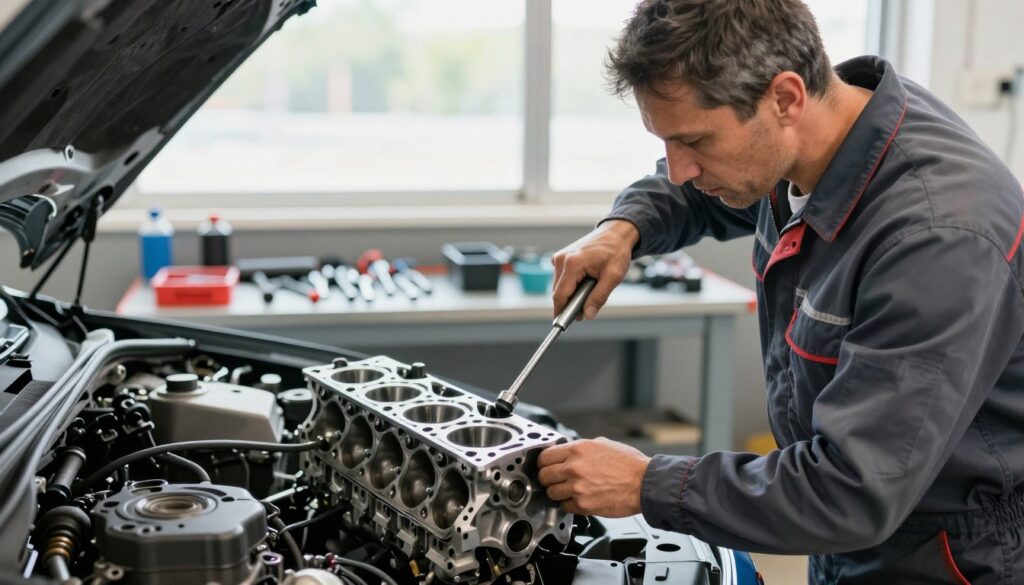 A well-lit automotive workshop scene featuring a mechanic in a professional outfit, examining a car engine with a focus on the cylinder head and a new head gasket. The mechanic, a middle-aged individual with short hair, is using a torque wrench to test the gasket's integrity, showcasing a realistic hands-on approach. In the background, various tools are neatly arranged on a workbench, and a large window allows natural light to stream in, creating a bright and inviting atmosphere. The overall mood is one of professionalism and technical expertise, emphasizing the importance of reliability in automotive maintenance.