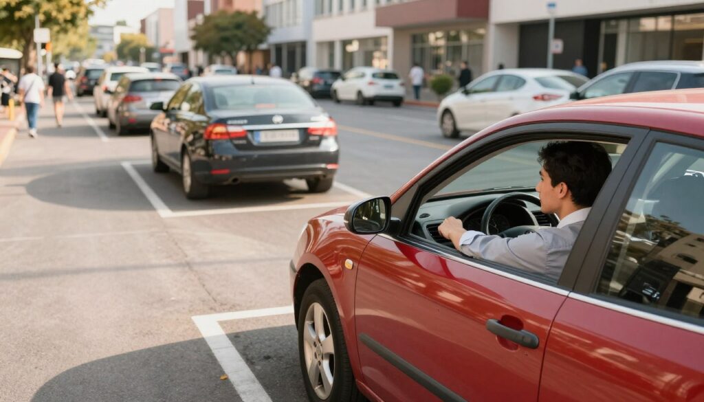 A well-lit scene showcasing a driver carefully maneuvering their car out of a parking spot in a busy urban environment. In the foreground, focus on the vehicle—painted in a vibrant color—showing its side profile as it gently backs up. The driver, dressed in business casual attire, appears concentrated yet confident, using mirrors and looking back. In the middle ground, highlight other parked cars along the street, emphasizing the parallel parking arrangement. The background features a bustling city street with pedestrians walking by and modern buildings, bathed in warm afternoon sunlight, casting soft shadows. The angle should be slightly elevated, capturing the depth of the scene and creating an atmosphere of everyday urban life, promoting an encouraging and informative mood.