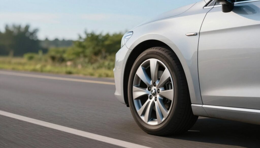 A well-maintained car driving smoothly on a road with a slight curve, showcasing a close-up of its front wheel displaying a shiny alloy rim. The background features a blurred landscape of green trees and a clear blue sky, conveying a sense of safety and calm. In the foreground, a subtle focus on the wheel’s alignment highlights the importance of proper wheel maintenance, relating to safety risks while driving. Soft, natural lighting emphasizes the vehicle's polished surface, giving the scene a trustworthy and reliable atmosphere. The angle captures the profile of the car and the road ahead, instilling a sense of confidence and alertness in drivers about the dangers of driving with a bent rim. No text or markings should be present.