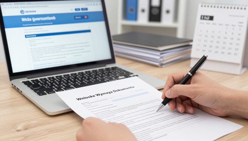 A well-organized office setting focusing on a desk with a clear view of a neatly filled application form titled "Wniosek Wymiana Dokumentu". In the foreground, prominently display a hand holding a pen, poised to sign the document. The middle ground features a laptop open to a government website with information about exchanging motor scooter licenses. In the background, there’s a shelf filled with neatly arranged files and a calendar marking important dates. The lighting is bright and inviting, suggesting a professional atmosphere. Use a slightly angled perspective to enhance depth, creating a sense of action and purpose in the scene. The overall mood should feel productive and informative, suited for a formal application process.