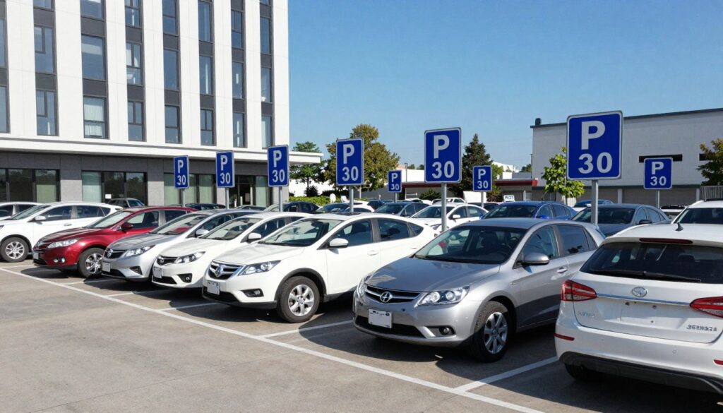 A well-organized parking lot with clearly marked designated parking spaces, featuring distinct T-30 signs indicating parking regulations. In the foreground, several parked vehicles are neatly aligned, showcasing various colors and sizes, all parked head-in for clarity. In the middle ground, a row of vertical T-30 signs stands tall, clearly visible against a backdrop of a modern building that emphasizes vertical architecture. The background features a vibrant, clear sky, allowing ample natural light to illuminate the scene, creating a cheerful and orderly atmosphere. The composition should be captured from a slightly elevated angle, providing a comprehensive view of the parking layout, emphasizing the importance of proper parking as per regulations. The overall mood conveys professionalism and organization.