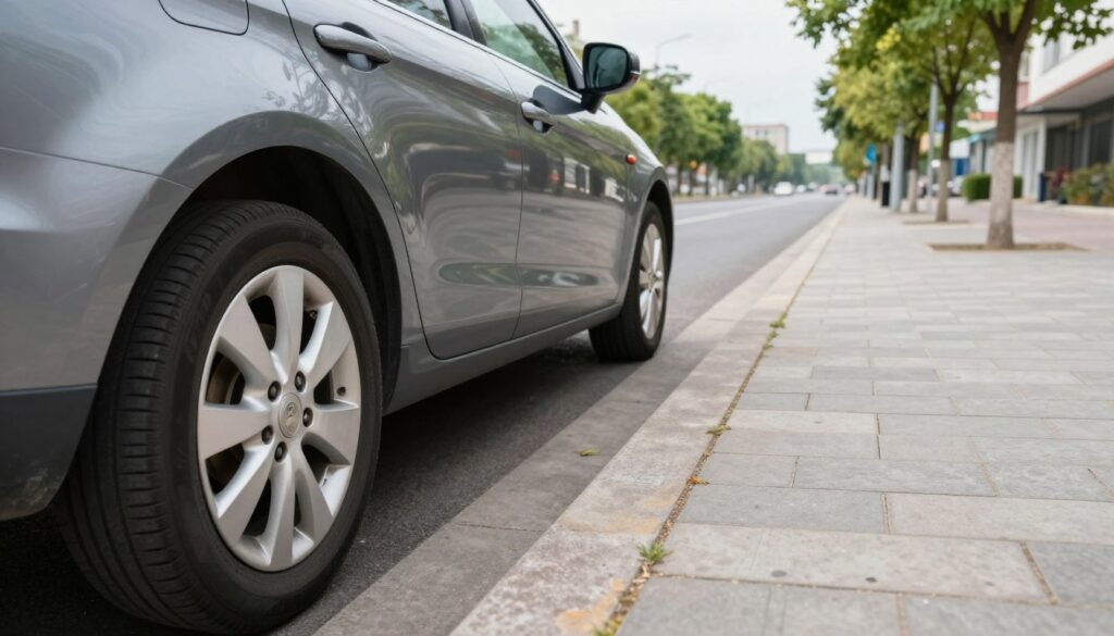 A well-structured street scene showing a car parked parallel to the curb, focusing on the proper gap (odstępy) between the vehicle and the sidewalk. In the foreground, highlight the tires resting on the road, emphasizing the space between the car and the edge of the curb. In the middle, include the car in a modest, professional design, parked at a slight angle to showcase the recommended distance from the curb. The background features a typical city street with neatly lined trees and a clear sky overhead, conveying a sense of safety and calmness. Soft, natural lighting bathes the scene, creating an inviting atmosphere. The angle of the shot should be slightly elevated, providing a comprehensive view of both the parking setup and the surrounding environment.