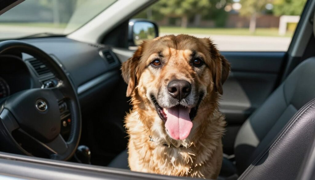 A worried dog, panting heavily, sits in the front seat of a parked car on a hot summer day. Its fur glistens with heat as sunlight filters through the windshield, casting sharp shadows that highlight its distressed expression. In the foreground, the dog's eyes are wide open, reflecting anxiety and discomfort. In the middle ground, the car's interior shows glimmering dashboard controls and leather seats, hinting at the trapped atmosphere inside. In the background, bright sunlight is visible through the car windows, emphasizing the oppressive heat outside. The overall mood is tense and urgent, illustrating the dangers of leaving a pet in a hot vehicle, captured with natural lighting to enhance the emotional impact and realism of the scenario. A worried dog, panting heavily, sits in the front seat of a parked car on a hot summer day. Its fur glistens with heat as sunlight filters through the windshield, casting sharp shadows that highlight its distressed expression. In the foreground, the dog's eyes are wide open, reflecting anxiety and discomfort. In the middle ground, the car's interior shows glimmering dashboard controls and leather seats, hinting at the trapped atmosphere inside. In the background, bright sunlight is visible through the car windows, emphasizing the oppressive heat outside. The overall mood is tense and urgent, illustrating the dangers of leaving a pet in a hot vehicle, captured with natural lighting to enhance the emotional impact and realism of the scenario.