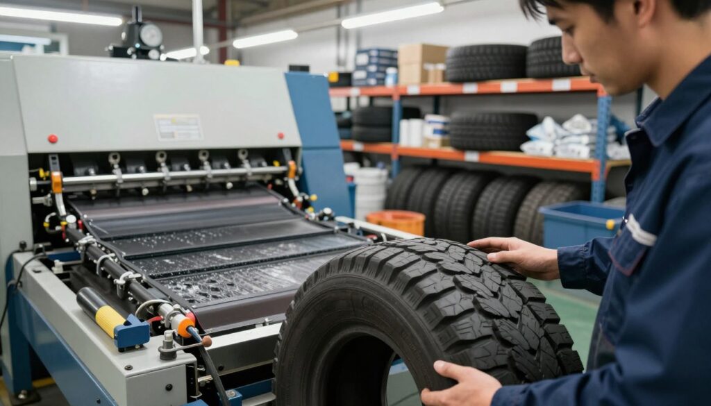 An industrial workshop scene showcasing the tire retreading process in action. In the foreground, a technician in a professional work uniform is inspecting a worn tire on a specialized machine, with close-up details of the tire's texture and tread pattern. In the middle ground, a retreading machine is prominently featured, demonstrating the application of new rubber layers onto the tire casing, with tools and equipment neatly arranged nearby. In the background, shelves stocked with various types of tires and materials, illuminated by bright fluorescent lighting, emphasize the efficiency of the workspace. The atmosphere is focused and industrious, capturing the intricate details and craftsmanship involved in tire retreading, illustrating a modern and practical view of the process. An industrial workshop scene showcasing the tire retreading process in action. In the foreground, a technician in a professional work uniform is inspecting a worn tire on a specialized machine, with close-up details of the tire's texture and tread pattern. In the middle ground, a retreading machine is prominently featured, demonstrating the application of new rubber layers onto the tire casing, with tools and equipment neatly arranged nearby. In the background, shelves stocked with various types of tires and materials, illuminated by bright fluorescent lighting, emphasize the efficiency of the workspace. The atmosphere is focused and industrious, capturing the intricate details and craftsmanship involved in tire retreading, illustrating a modern and practical view of the process.