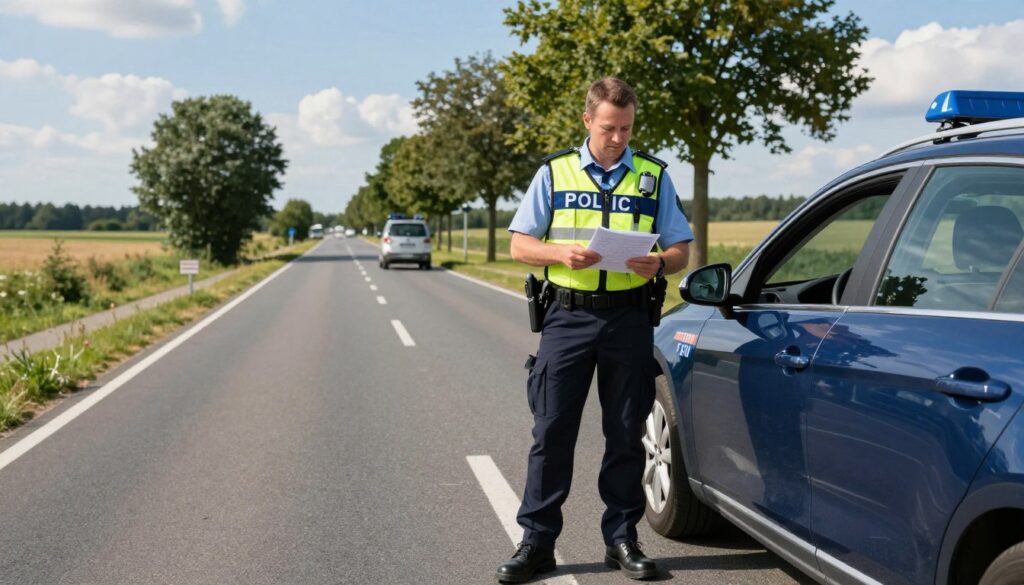 A German roadside scene featuring a police officer in a smart uniform conducting a vehicle inspection during a daytime traffic stop. The officer stands confidently beside a car, examining documents, with a focused yet approachable expression. In the foreground, include the officer's polished boots and the car's sleek profile. In the middle ground, capture a well-maintained rural road lined with trees and a few distant vehicles. The background features a clear blue sky with soft clouds, enhancing the serene atmosphere of a typical day in Germany. The lighting should be bright, illuminating the scene to convey a sense of authority and vigilance in law enforcement, while remaining professional and respectful. No text or logos present. A German roadside scene featuring a police officer in a smart uniform conducting a vehicle inspection during a daytime traffic stop. The officer stands confidently beside a car, examining documents, with a focused yet approachable expression. In the foreground, include the officer's polished boots and the car's sleek profile. In the middle ground, capture a well-maintained rural road lined with trees and a few distant vehicles. The background features a clear blue sky with soft clouds, enhancing the serene atmosphere of a typical day in Germany. The lighting should be bright, illuminating the scene to convey a sense of authority and vigilance in law enforcement, while remaining professional and respectful. No text or logos present.