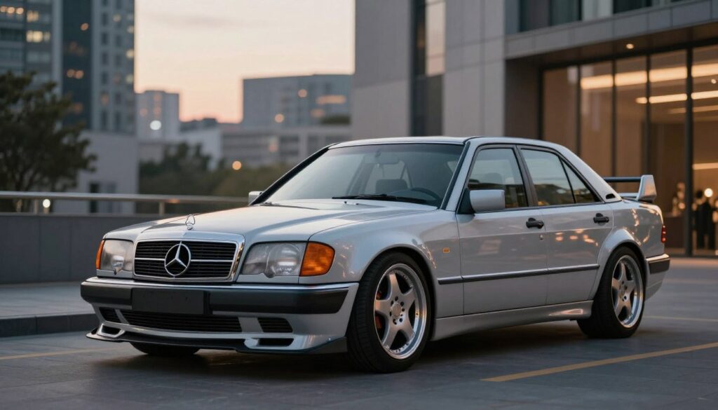 A Mercedes-Benz W124 modified with an eye-catching body kit, showcasing both elegant and sporty elements. The car is positioned in the foreground, highlighting its sleek lines, aggressive front bumper, and prominent side skirts. In the middle ground, an atmospheric urban setting reflects a blend of sophistication and sportiness, with a modern city backdrop featuring soft evening lighting. A slight angle captures the car at a dynamic perspective, emphasizing its lowered stance and stylish alloy wheels. The mood is aspirational yet approachable, inviting viewers to appreciate the balance of luxury and sport. The scene is illuminated by warm ambient light, casting gentle shadows to enhance the car's contours, while the overall palette maintains a professional and stylish vibe. A Mercedes-Benz W124 modified with an eye-catching body kit, showcasing both elegant and sporty elements. The car is positioned in the foreground, highlighting its sleek lines, aggressive front bumper, and prominent side skirts. In the middle ground, an atmospheric urban setting reflects a blend of sophistication and sportiness, with a modern city backdrop featuring soft evening lighting. A slight angle captures the car at a dynamic perspective, emphasizing its lowered stance and stylish alloy wheels. The mood is aspirational yet approachable, inviting viewers to appreciate the balance of luxury and sport. The scene is illuminated by warm ambient light, casting gentle shadows to enhance the car's contours, while the overall palette maintains a professional and stylish vibe.