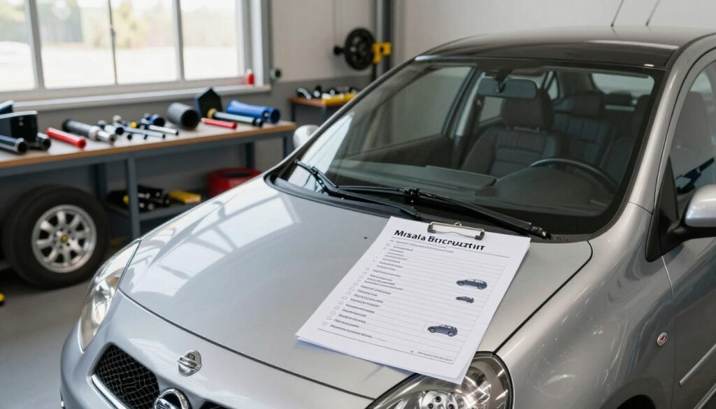 A Nissan Micra K11 in a garage setting, positioned prominently in the foreground with a detailed checklist on the hood. The checklist includes visual and mechanical modification points like suspension upgrades, exterior styling, and performance enhancements. In the middle ground, various car parts and tools are neatly arranged, showcasing a tuner's workspace. The background features a well-lit garage atmosphere with soft natural light filtering through a window, illuminating the car and tools. The image has an enthusiastic, inspiring mood, capturing the spirit of a project car enthusiast in Poland, with an emphasis on practicality and preparation for modifications. The angle is a slightly elevated shot to emphasize the car and the checklist.