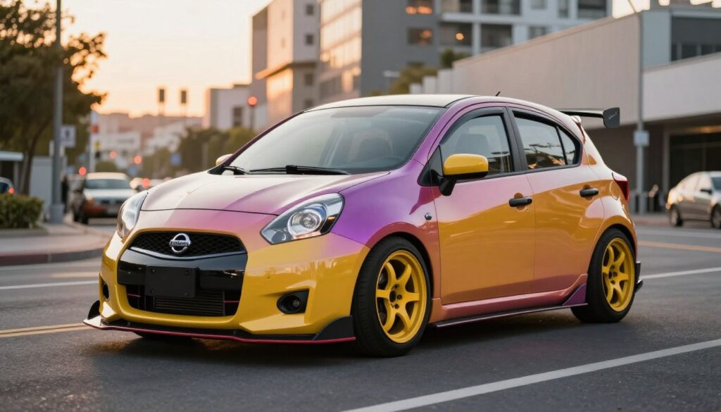 A Nissan Micra K11, showcasing an impressive tuning transformation, rests stylishly on a sleek urban street. In the foreground, the car features a custom body kit with aggressive lines, lowered suspension, and vibrant aftermarket rims. The middle ground includes subtle enhancements like sporty headlights and a modest rear spoiler, capturing the essence of both visual and mechanical modifications. The background highlights a bustling city scene during golden hour, with warm lighting illuminating the car's vibrant paint job. The atmosphere is energetic, reflecting the enthusiasm of car culture. The angle is slightly low, emphasizing the car's stance and details. The image is devoid of any text or logos, focusing solely on the modified Nissan Micra K11, conveying a sense of excitement and innovation in vehicle tuning.