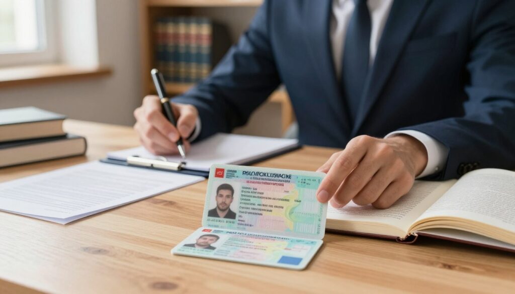 A Polish driving license placed prominently in the foreground on a clean wooden desk, surrounded by legal documents and an open law book for context. The license is partially opened, displaying essential details like the holder's name and photo in a clear and organized manner. Soft, natural lighting streams in from a nearby window, creating a warm and inviting atmosphere. In the middle ground, a confident young adult dressed in a crisp business suit studies the driving license intently, holding a pen and jotting down notes on a notepad. In the background, a subtle glimpse of a cozy office space can be seen, with bookshelves filled with legal texts. The overall mood is professional and reflective, conveying the importance of understanding the driving license as a form of identity document within Polish law.