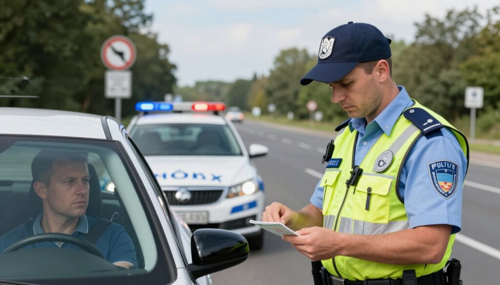 A Polish road control scene depicting a police officer in a professional uniform conducting a traffic stop. In the foreground, the officer is examining a driver's license with a serious expression, while the driver sits in a car, looking attentive. In the middle ground, a police car with flashing lights is parked beside the road, and a road sign indicating speed limits and regulations is visible. The background features a tree-lined street and a clear sky, conveying a calm yet authoritative atmosphere. The image should be well-lit, capturing the details of the officer's uniform and the driver's focused demeanor, with a slight depth of field effect to focus on the interaction.