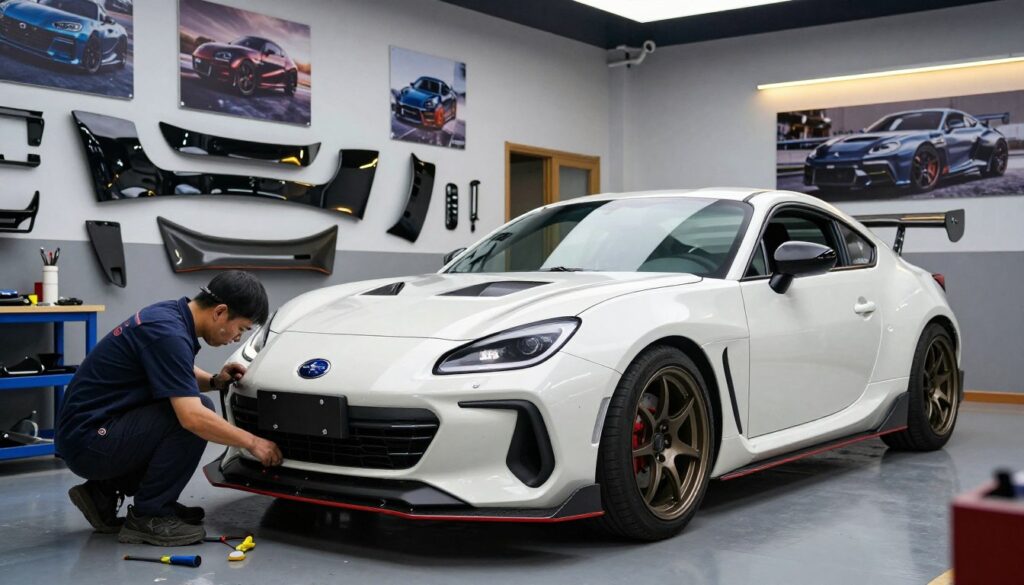 A Subaru BRZ showcased in a well-equipped garage, with a focus on the detailed installation of a body kit. In the foreground, a mechanic in professional attire is diligently working on the front bumper, tools scattered around. The middle ground features various body kit elements, such as a sporty rear spoiler and side skirts, prominently displayed. The background contains automotive posters and bright LED lights reflecting off sleek surfaces, creating a vibrant atmosphere. The scene is illuminated with soft, focused lighting to highlight the contours of the car. Capture the essence of DIY tuning, emphasizing craftsmanship and a passion for performance enhancement. The angle should be dynamic, slightly lower to emphasize the car’s sporty stance, evoking a sense of excitement and craftsmanship.