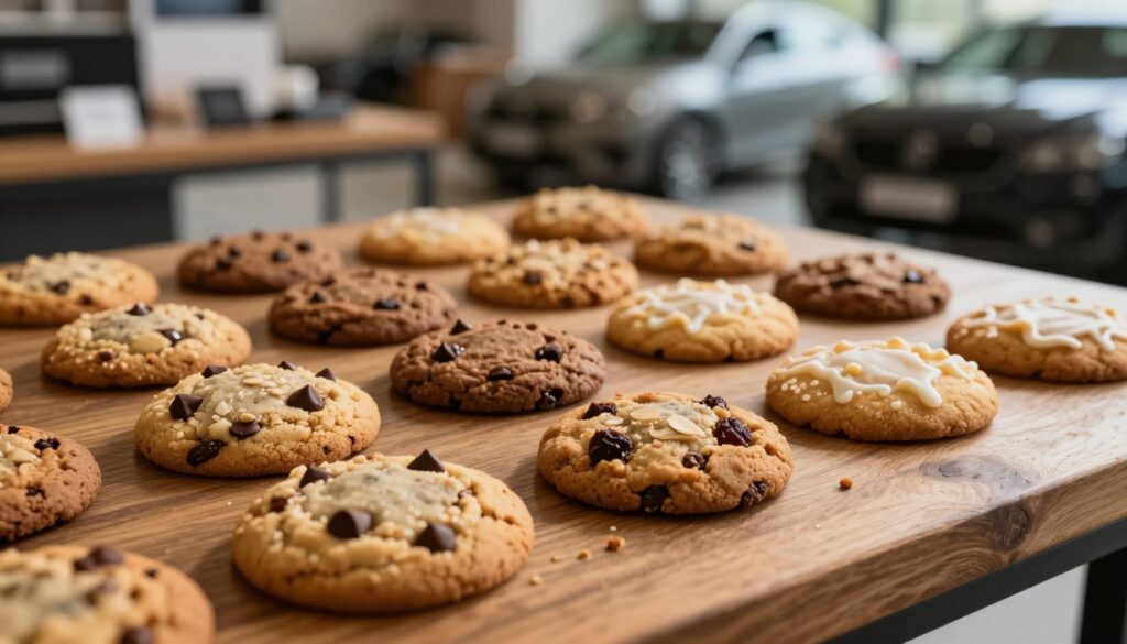 A beautifully arranged display of freshly baked cookies on a rustic wooden table. The foreground features various types of cookies, including chocolate chip, oatmeal raisin, and sugar cookies, artfully scattered with a few crumbs for added texture. In the background, softly blurred, there’s a modern automotive shop setting, hinting at car parts and accessories that suggest an automotive theme. Warm, inviting lighting casts gentle shadows, creating a cozy atmosphere. The scene is shot with a shallow depth of field to emphasize the cookies while maintaining a sense of connection to the automotive setting. The overall mood is one of warmth and indulgence, perfectly blending the themes of personal data and customer experiences in automotive shopping. A beautifully arranged display of freshly baked cookies on a rustic wooden table. The foreground features various types of cookies, including chocolate chip, oatmeal raisin, and sugar cookies, artfully scattered with a few crumbs for added texture. In the background, softly blurred, there’s a modern automotive shop setting, hinting at car parts and accessories that suggest an automotive theme. Warm, inviting lighting casts gentle shadows, creating a cozy atmosphere. The scene is shot with a shallow depth of field to emphasize the cookies while maintaining a sense of connection to the automotive setting. The overall mood is one of warmth and indulgence, perfectly blending the themes of personal data and customer experiences in automotive shopping.