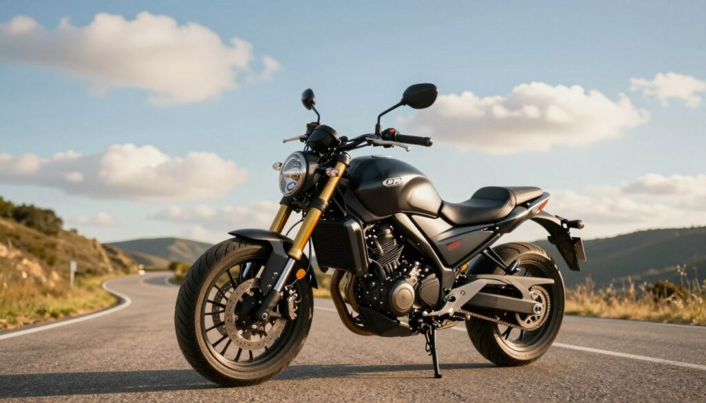 A beginner-friendly motorcycle positioned prominently in the foreground, showcasing its sleek design and essential features. The motorcycle should have a low seat height, lightweight frame, and user-friendly controls, appealing to novice riders. In the middle ground, a scenic outdoor environment includes a winding road and gentle hills, suggesting the thrill of riding. The background features a clear blue sky with soft, fluffy clouds, enhancing the sense of freedom. Warm, natural lighting casts soft shadows, creating a welcoming atmosphere. The angle should capture the motorcycle from a slightly low perspective, emphasizing its approachable design. Overall, the mood should convey excitement and adventure for new riders discovering their passion for motorcycling. A beginner-friendly motorcycle positioned prominently in the foreground, showcasing its sleek design and essential features. The motorcycle should have a low seat height, lightweight frame, and user-friendly controls, appealing to novice riders. In the middle ground, a scenic outdoor environment includes a winding road and gentle hills, suggesting the thrill of riding. The background features a clear blue sky with soft, fluffy clouds, enhancing the sense of freedom. Warm, natural lighting casts soft shadows, creating a welcoming atmosphere. The angle should capture the motorcycle from a slightly low perspective, emphasizing its approachable design. Overall, the mood should convey excitement and adventure for new riders discovering their passion for motorcycling.