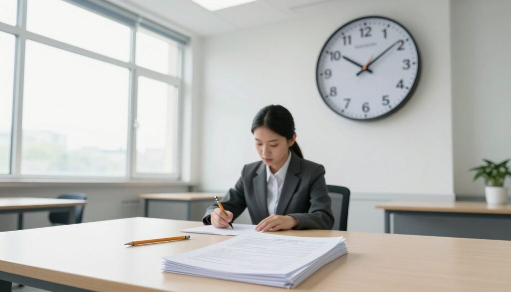 A bright, modern examination room with a large clock prominently displayed on the wall, showing the time moving quickly to symbolize the duration of a theoretical driving test. In the foreground, a table with a stack of exam papers and a pencil, inviting and organized, while in the middle, a person in professional attire, focused on answering questions, with an expression of concentration. The background shows a large window allowing natural light to flood the room, creating a calm yet tense atmosphere, evoking the pressure of time during the exam. The scene is captured from an angle that emphasizes both the clock and the examinee, highlighting the importance of timing in the testing process. A bright, modern examination room with a large clock prominently displayed on the wall, showing the time moving quickly to symbolize the duration of a theoretical driving test. In the foreground, a table with a stack of exam papers and a pencil, inviting and organized, while in the middle, a person in professional attire, focused on answering questions, with an expression of concentration. The background shows a large window allowing natural light to flood the room, creating a calm yet tense atmosphere, evoking the pressure of time during the exam. The scene is captured from an angle that emphasizes both the clock and the examinee, highlighting the importance of timing in the testing process.