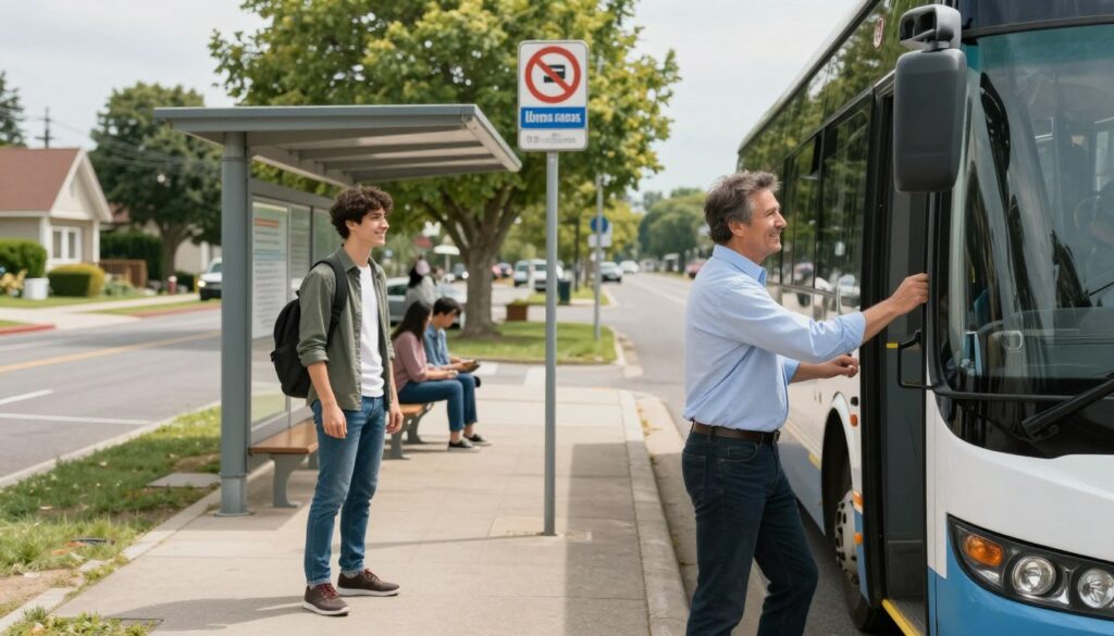 A bus stop scene focused on a driver safely discharging a passenger nearby. In the foreground, a middle-aged driver dressed in smart casual attire attentively gestures towards the open door of a bus. The passenger, a young adult wearing casual clothing, is stepping off the vehicle with a smile, appearing grateful and cautious. In the middle ground, a clearly marked bus stop sign and a small shelter can be seen, with people waiting peacefully. The background features a suburban street with well-maintained trees and buildings, suggesting a calm, sunny day. Soft, natural lighting highlights the scene, emphasizing a sense of safety and community. The angle is slightly elevated, offering a clear view of the interaction while maintaining focus on the bus and the surrounding environment. A bus stop scene focused on a driver safely discharging a passenger nearby. In the foreground, a middle-aged driver dressed in smart casual attire attentively gestures towards the open door of a bus. The passenger, a young adult wearing casual clothing, is stepping off the vehicle with a smile, appearing grateful and cautious. In the middle ground, a clearly marked bus stop sign and a small shelter can be seen, with people waiting peacefully. The background features a suburban street with well-maintained trees and buildings, suggesting a calm, sunny day. Soft, natural lighting highlights the scene, emphasizing a sense of safety and community. The angle is slightly elevated, offering a clear view of the interaction while maintaining focus on the bus and the surrounding environment.