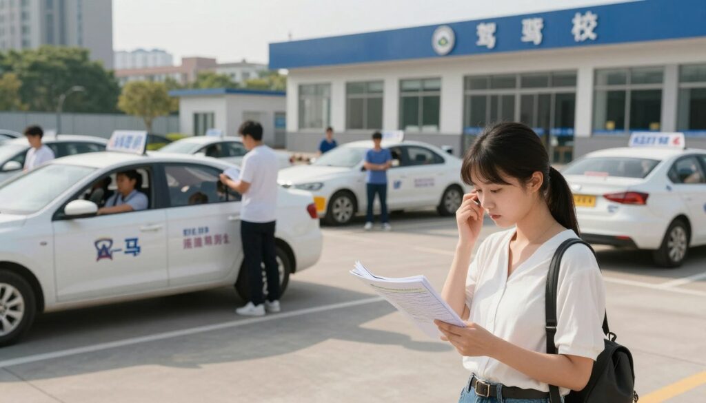 A bustling driving examination center set in a modern urban environment, featuring a diverse group of applicants preparing for their driving tests. In the foreground, a young woman in a smart casual outfit reviews her study materials with concentration. The middle ground showcases driving instructors observing candidates maneuvering vehicles in a practice area, with various cars parked nearby. The background reveals an official testing building adorned with the logo of the driving school. Soft, natural lighting filters through a clear sky, casting gentle shadows that create a tense yet hopeful atmosphere. The scene captures a blend of determination and anxiety, emphasizing the theme of examination tourism and its challenges. A bustling driving examination center set in a modern urban environment, featuring a diverse group of applicants preparing for their driving tests. In the foreground, a young woman in a smart casual outfit reviews her study materials with concentration. The middle ground showcases driving instructors observing candidates maneuvering vehicles in a practice area, with various cars parked nearby. The background reveals an official testing building adorned with the logo of the driving school. Soft, natural lighting filters through a clear sky, casting gentle shadows that create a tense yet hopeful atmosphere. The scene captures a blend of determination and anxiety, emphasizing the theme of examination tourism and its challenges.