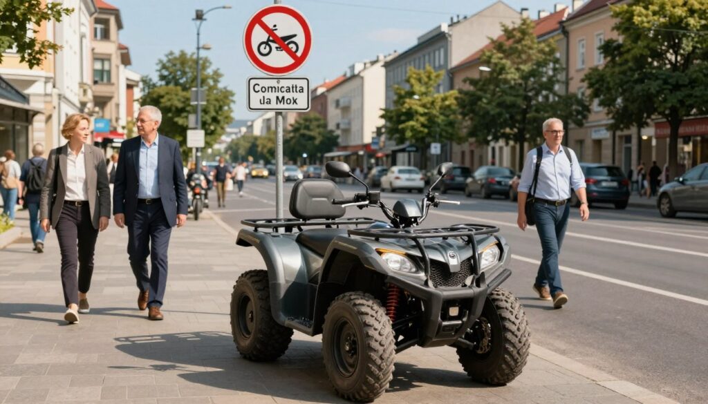 A bustling urban street in Poland, showcasing a vibrant scene of a quad bike parked beside a designated quad-friendly area. In the foreground, the quad bike is highlighted in sharp detail, its rugged tires and sleek body visible under the bright sunlight. A few pedestrians in professional attire walk by, glancing at the quad with curiosity. In the middle ground, a road sign clearly indicates the permissible use of quad bikes on public roads. The background features a mix of modern city buildings, trees lining the street, and a clear blue sky, creating a vibrant and lively atmosphere. Soft shadows and warm sunlight enhance the scene's natural feel, emphasizing the interplay between urban life and outdoor adventure. The image conveys a sense of excitement and legality, ideal for an informative article. A bustling urban street in Poland, showcasing a vibrant scene of a quad bike parked beside a designated quad-friendly area. In the foreground, the quad bike is highlighted in sharp detail, its rugged tires and sleek body visible under the bright sunlight. A few pedestrians in professional attire walk by, glancing at the quad with curiosity. In the middle ground, a road sign clearly indicates the permissible use of quad bikes on public roads. The background features a mix of modern city buildings, trees lining the street, and a clear blue sky, creating a vibrant and lively atmosphere. Soft shadows and warm sunlight enhance the scene's natural feel, emphasizing the interplay between urban life and outdoor adventure. The image conveys a sense of excitement and legality, ideal for an informative article.