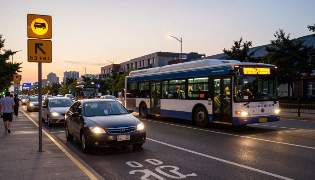 A bustling urban street scene at dusk, showcasing a designated bus lane. In the foreground, a neatly parked personal car is seen on the bus lane, with a driver dressed in business attire looking relieved. Brightly illuminated street signs indicate exceptions to the bus lane rules, highlighting designated hours. In the middle ground, a city bus is in motion, gracefully passing by, with commuters visible inside. The background features a city skyline with soft, warm sunset colors fading into the evening sky. The atmosphere conveys a sense of order and clarity, with street lights casting a gentle glow. The composition should be well-balanced, using a wide-angle perspective to capture the entire scene, emphasizing the distinction between the bus lane and the regular road.