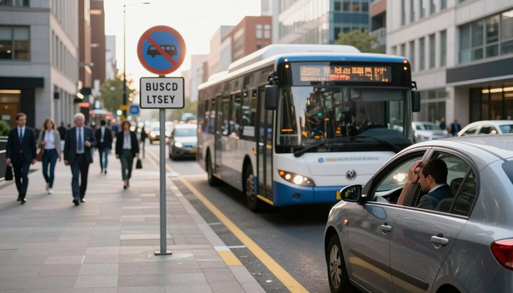 A busy city street showcasing a dedicated bus lane, with a sleek city bus driving confidently down the bus lane. In the foreground, a concerned driver in a compact car looks towards the bus, contemplating the consequences of their choice. The middle ground features traffic signs indicating bus lane rules, with bright yellow lines marking the boundaries. The background is filled with modern buildings and pedestrians, dressed in professional business attire, reflecting a bustling urban environment. Soft, natural lighting illuminates the scene, simulating a late afternoon glow, while a slight lens flare adds a sense of urgency. The overall mood is tense yet informative, emphasizing the importance of following traffic rules to avoid penalties.