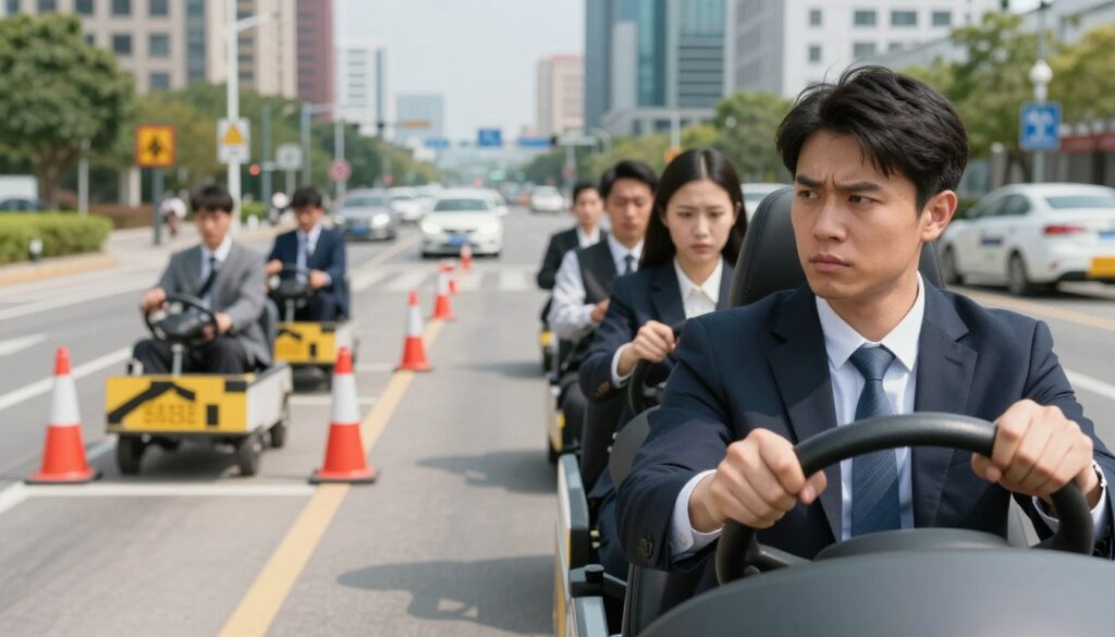 A busy urban driving test scene depicting a diverse group of people in professional business attire, focused on taking a practical driving exam. In the foreground, a nervous young woman grips the steering wheel in a modern car, her instructor beside her, giving reassuring guidance. In the middle ground, a city street filled with traffic cones and signs, showcasing various driving obstacles and challenges. The background features a mix of contemporary city buildings and traffic, with bright, clear daylight illuminating the scene, creating a sense of urgency and focus. The overall mood is tense yet hopeful, capturing the essence of the challenges faced during practical driving exams in urban settings. A busy urban driving test scene depicting a diverse group of people in professional business attire, focused on taking a practical driving exam. In the foreground, a nervous young woman grips the steering wheel in a modern car, her instructor beside her, giving reassuring guidance. In the middle ground, a city street filled with traffic cones and signs, showcasing various driving obstacles and challenges. The background features a mix of contemporary city buildings and traffic, with bright, clear daylight illuminating the scene, creating a sense of urgency and focus. The overall mood is tense yet hopeful, capturing the essence of the challenges faced during practical driving exams in urban settings.