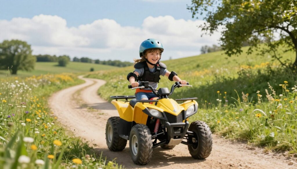 A child joyfully riding a quad bike on a grassy countryside trail, showcasing an exhilarating yet safe adventure. The foreground features the quad bike, bright and colorful, with the child wearing a helmet and protective gear, smiling with excitement. In the middle ground, a clear, winding path flows through lush greenery, dotted with gentle hills and wildflowers. The background reveals a serene landscape with a blue sky and fluffy white clouds, hinting at an ideal outdoor setting for safe riding. Soft, warm sunlight filters through the trees, casting playful shadows on the ground, creating a cheerful and inviting atmosphere. The angle captures the child's perspective, enhancing the sense of freedom and enjoyment while maintaining a focus on safety. A child joyfully riding a quad bike on a grassy countryside trail, showcasing an exhilarating yet safe adventure. The foreground features the quad bike, bright and colorful, with the child wearing a helmet and protective gear, smiling with excitement. In the middle ground, a clear, winding path flows through lush greenery, dotted with gentle hills and wildflowers. The background reveals a serene landscape with a blue sky and fluffy white clouds, hinting at an ideal outdoor setting for safe riding. Soft, warm sunlight filters through the trees, casting playful shadows on the ground, creating a cheerful and inviting atmosphere. The angle captures the child's perspective, enhancing the sense of freedom and enjoyment while maintaining a focus on safety.