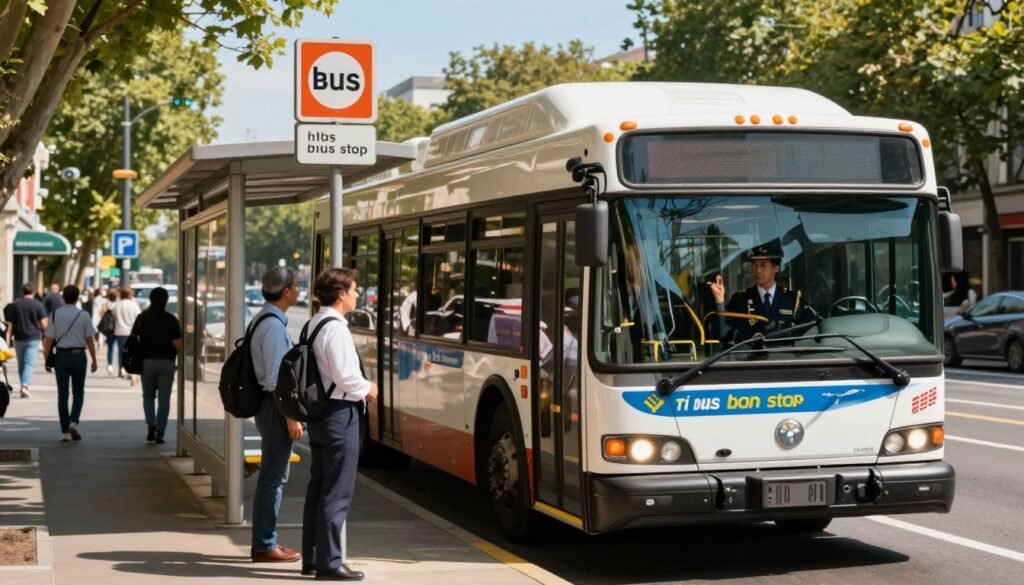 A city bus momentarily halted at a designated bus stop, with a well-defined ‘bus stop’ sign prominently visible. The scene captures a careful driver in a crisp professional uniform and a passenger dressed in business attire waiting to board. In the background, a bustling urban setting with pedestrians walking by, trees lining the street, and a clear blue sky above. The sun casts warm, natural light, creating a bright and inviting atmosphere. Focus on the bus's details, emphasizing its colors and markings, while framing the composition at a slight angle to convey movement. The mood reflects a typical busy day in the city, highlighting the precise moment of legal stopping at a bus stop. A city bus momentarily halted at a designated bus stop, with a well-defined ‘bus stop’ sign prominently visible. The scene captures a careful driver in a crisp professional uniform and a passenger dressed in business attire waiting to board. In the background, a bustling urban setting with pedestrians walking by, trees lining the street, and a clear blue sky above. The sun casts warm, natural light, creating a bright and inviting atmosphere. Focus on the bus's details, emphasizing its colors and markings, while framing the composition at a slight angle to convey movement. The mood reflects a typical busy day in the city, highlighting the precise moment of legal stopping at a bus stop.