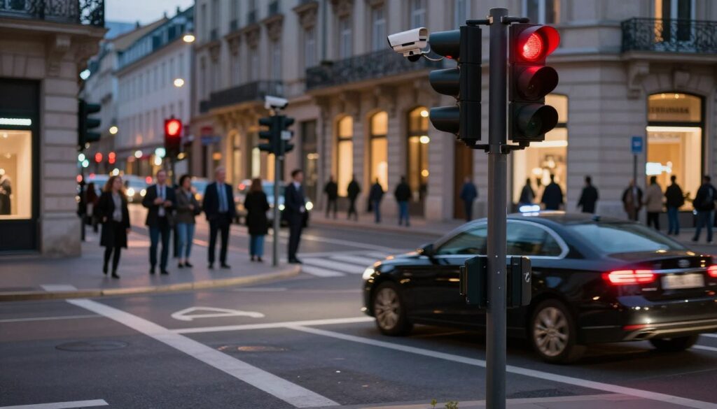 A city intersection at dusk, showcasing a surveillance camera labeled 'CANARD' prominently mounted on a traffic light pole. In the foreground, a sleek black car is captured mid-pause at a red traffic signal, its brake lights glowing bright. The camera lens is focused on the vehicle in action. In the middle ground, visible on the street, is a road marking indicating a stop line, while nearby foot traffic waits patiently on the sidewalk, dressed in professional attire. In the background, the illuminated buildings of the city create a warm urban atmosphere with soft lighting reflecting off the pavement. The overall mood conveys tension and attention to road safety, emphasizing the importance of monitoring traffic rules. The image is devoid of text or watermarks, ensuring a clean visual.